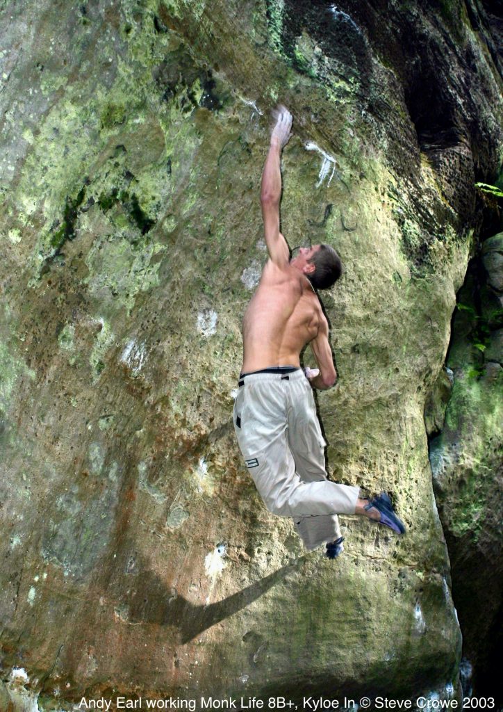 Andy Earl climbing Monk Life 8B+ © Steve Crowe 2003
