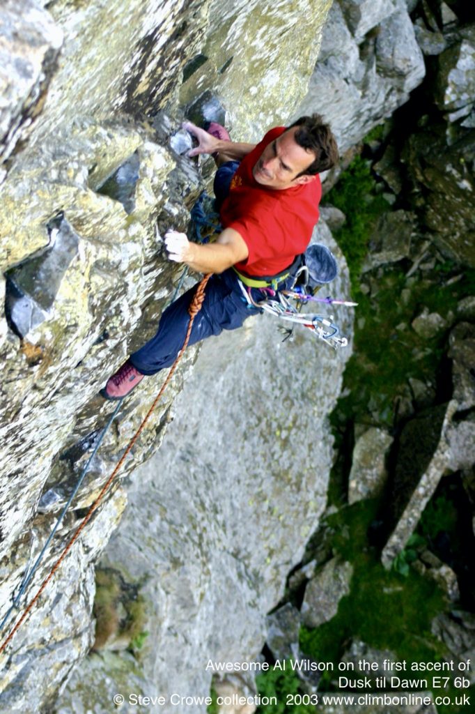 Awesome Al Wilson on the first ascent of  Dusk til Dawn E7 6b   © Steve Crowe collection  2003 www.climbonline.co.uk