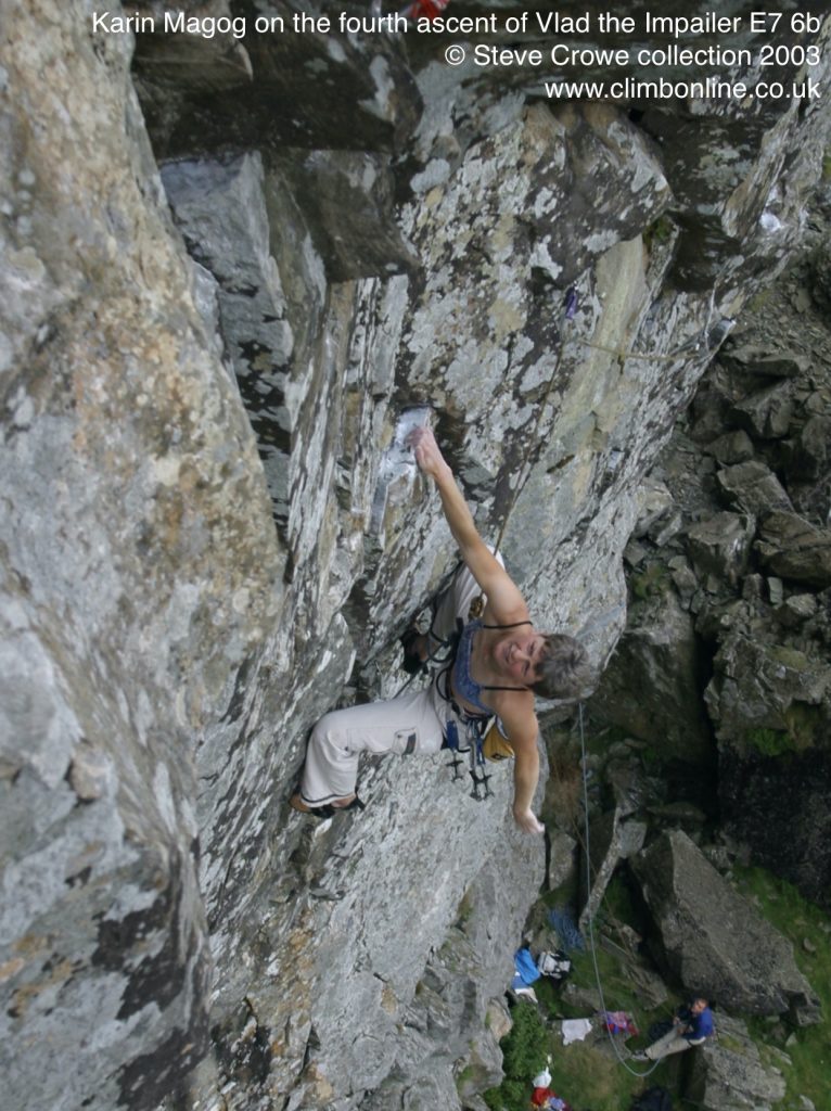 Karin Magog on the fourth ascent of Vlad the Impailer E7 6b © Steve Crowe collection 2003 www.climbonline.co.uk