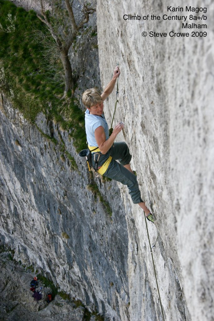 Karin Magog repointing Climb of the Century 8a+/b at Malham © Steve Crowe 2009