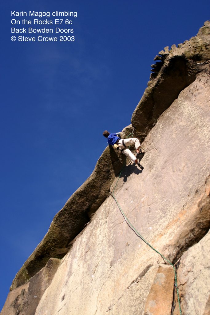 Karin Magog climbing On the Rocks E7 6c at Back Bowden Doors in Northumberland © Steve Crowe 2003