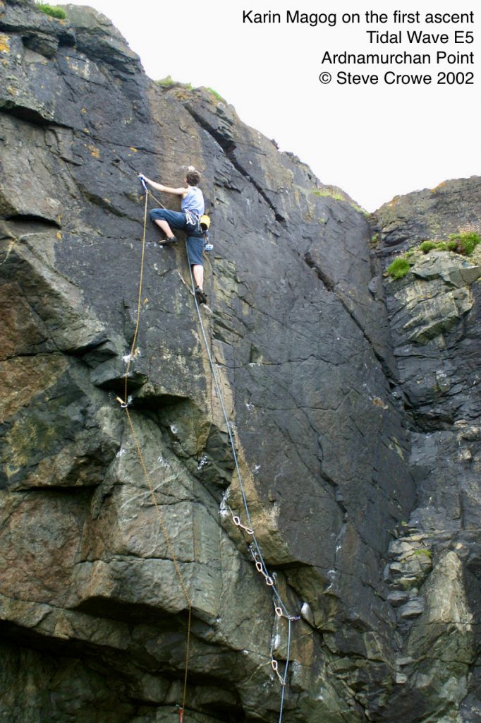Karin on the first ascent of Tidal Wave E5 6a Ardnamurchan Point © Steve Crowe 2002 www.climbonline.co.uk
